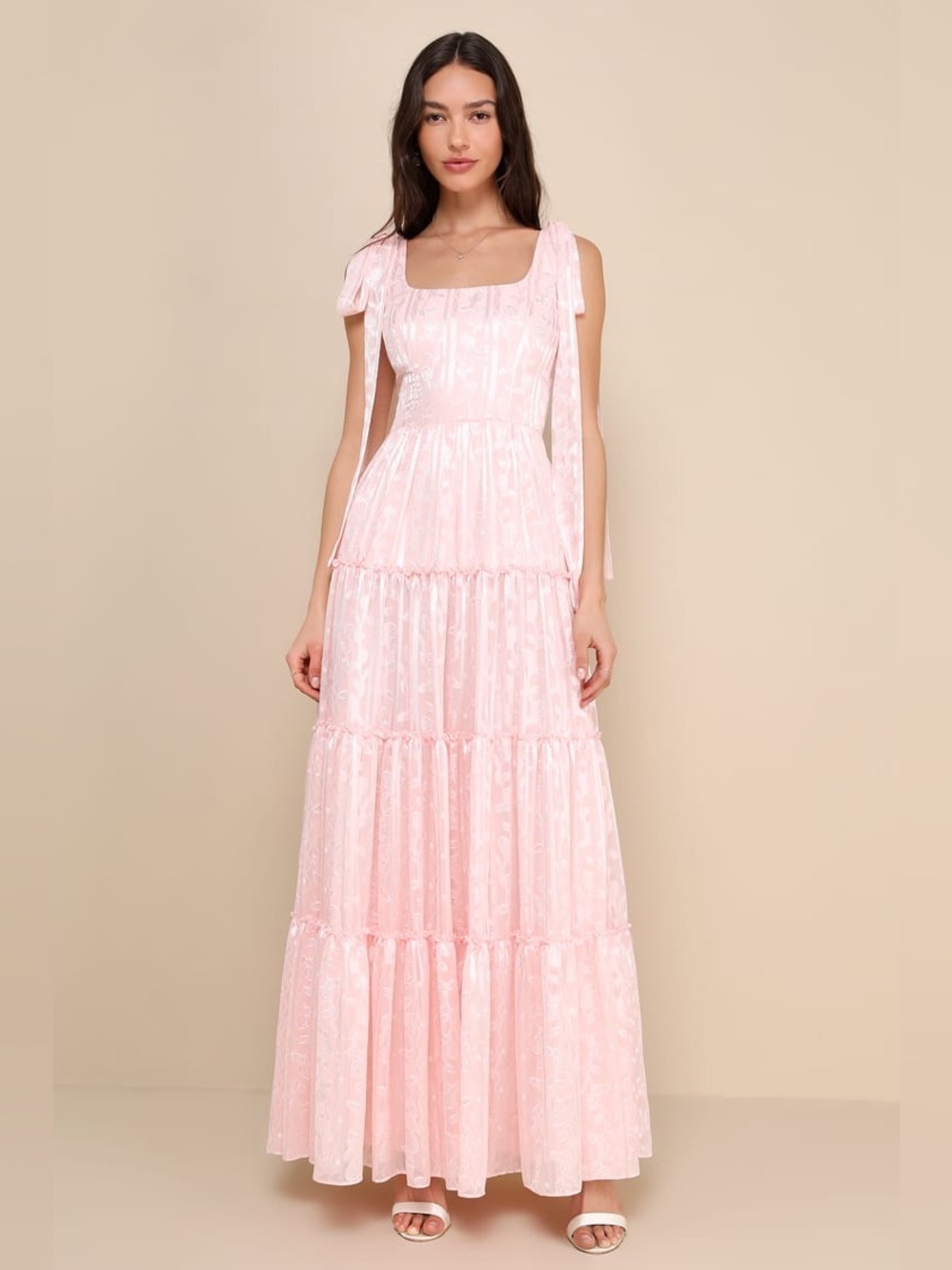 Picturesque Allure Blush Pink Jacquard Tie-Strap Maxi Dress